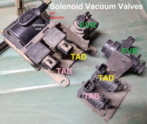1983 Ford Bronco - Solenoid Vacuum Valves IF THE IMAGE IS TOO SMALL, click it. The colored line to the controlled device goes on the nipple closer to the elec…