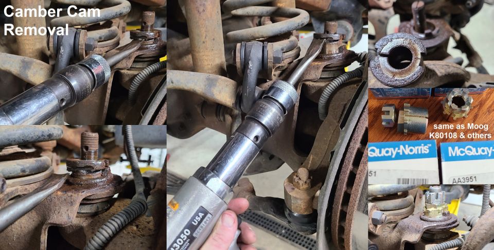 Close-up of suspension components and tools for camber cam removal, with parts boxes