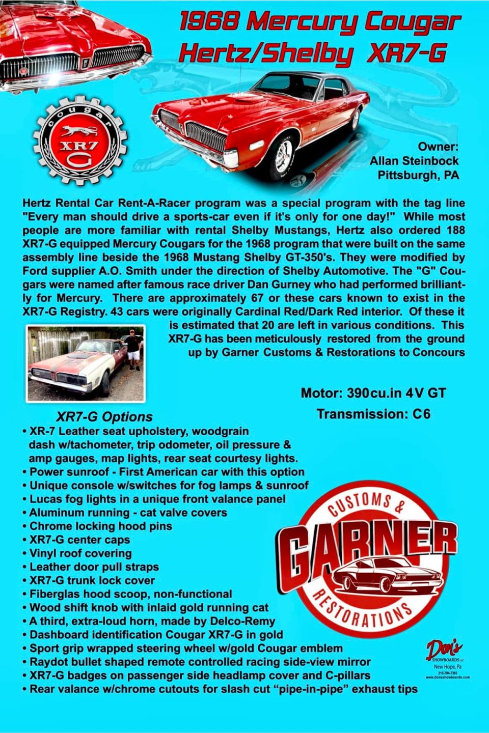 Display card for 1968 Mercury Cougar Hertz/Shelby XR7-G with history text and options list