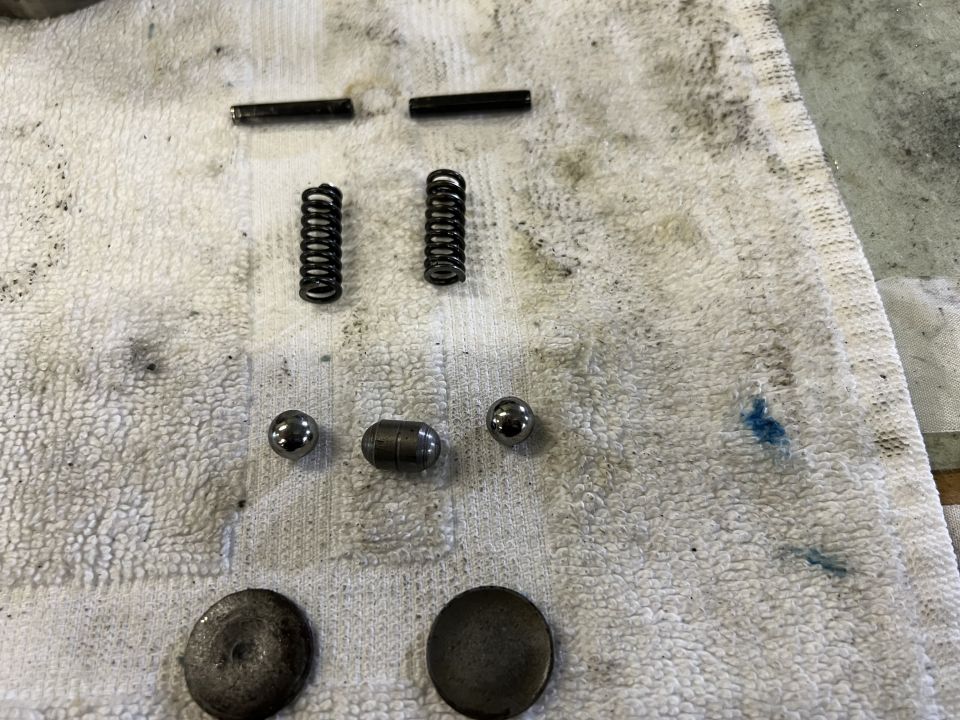 Engine parts including springs, pins, bearings, and flat discs on a white towel.