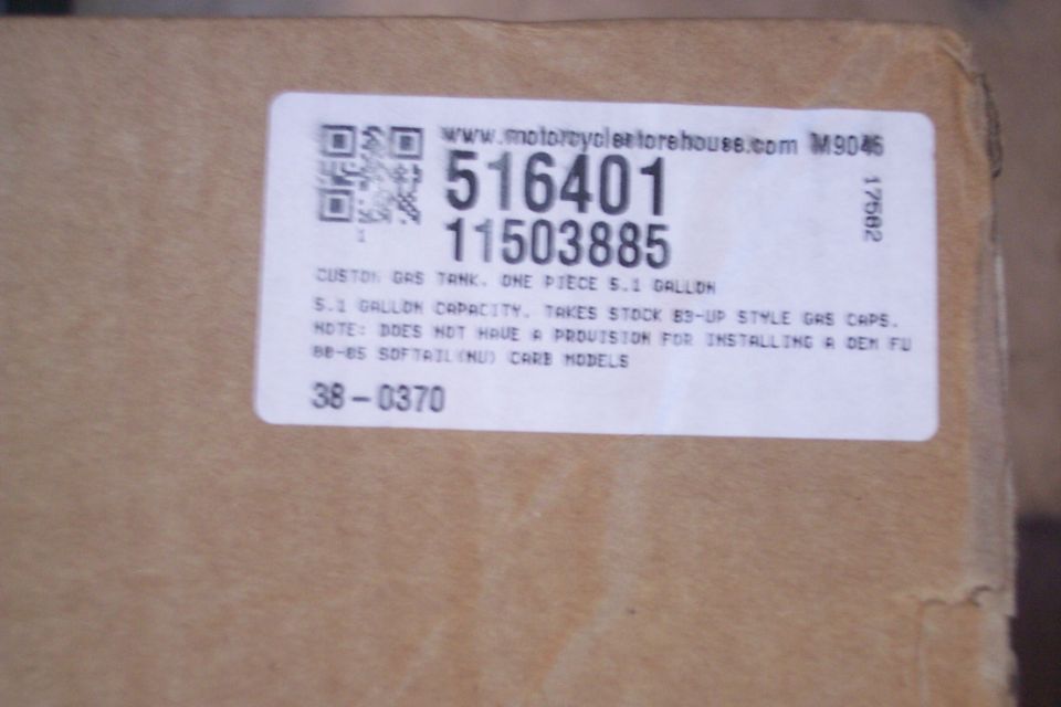 Shipping label for a 5.1 gallon custom gas tank for Harley-Davidson Softail models.