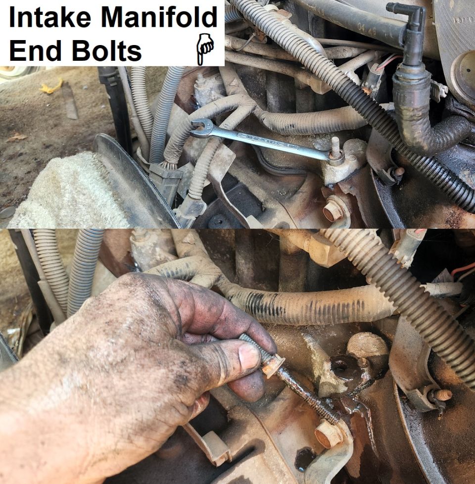 V8 Intake Manifold Corner Bolts
IF THE IMAGE IS TOO SMALL, click it.

The left front corner bolt is shorter than the others, and the right front has no stud on top.