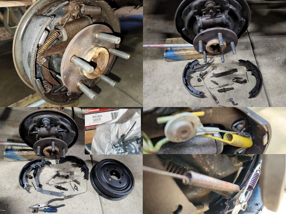 While so much was apart, I decided to clean up the rear brakes. Good thing, since I found 2 Right autoadjusters had been installed. So while waiting for a [url=https://www.amazon.com/dp/B000C5FCD8]Left kit (Motorcraft BRAK2662A)[/url] to arrive, I sandblasted everything, painted the steel, & then applied graphite-bearing paint instead of grease, and reassembled it all.
IF THE IMAGE IS TOO SMALL, click it.