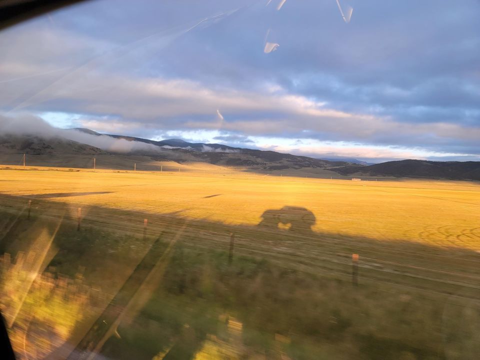 Shadow of a large SUV on a grassy field at sunset