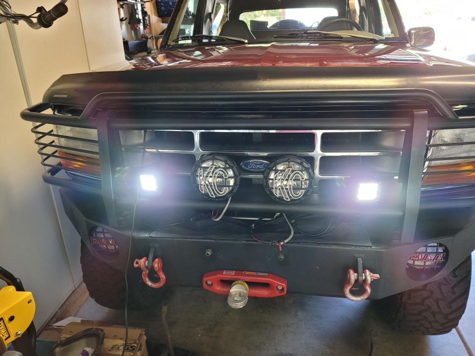 1996 Ford Bronco front end with KC lights and winch