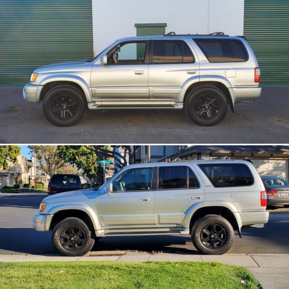 Silver Toyota 4Runner, side view. The bottom image shows the same vehicle parked on a street