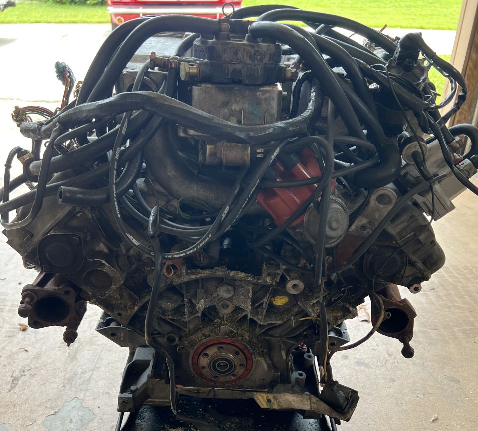 V8 engine with black hoses and wiring harnesses