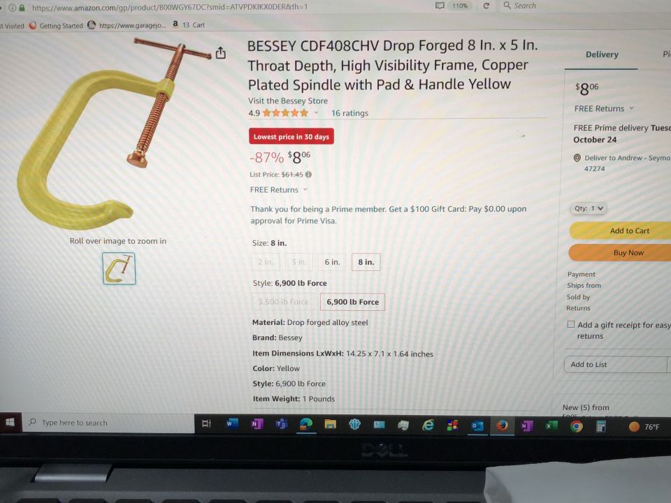 Screenshot of an Amazon product page for a yellow C-clamp.