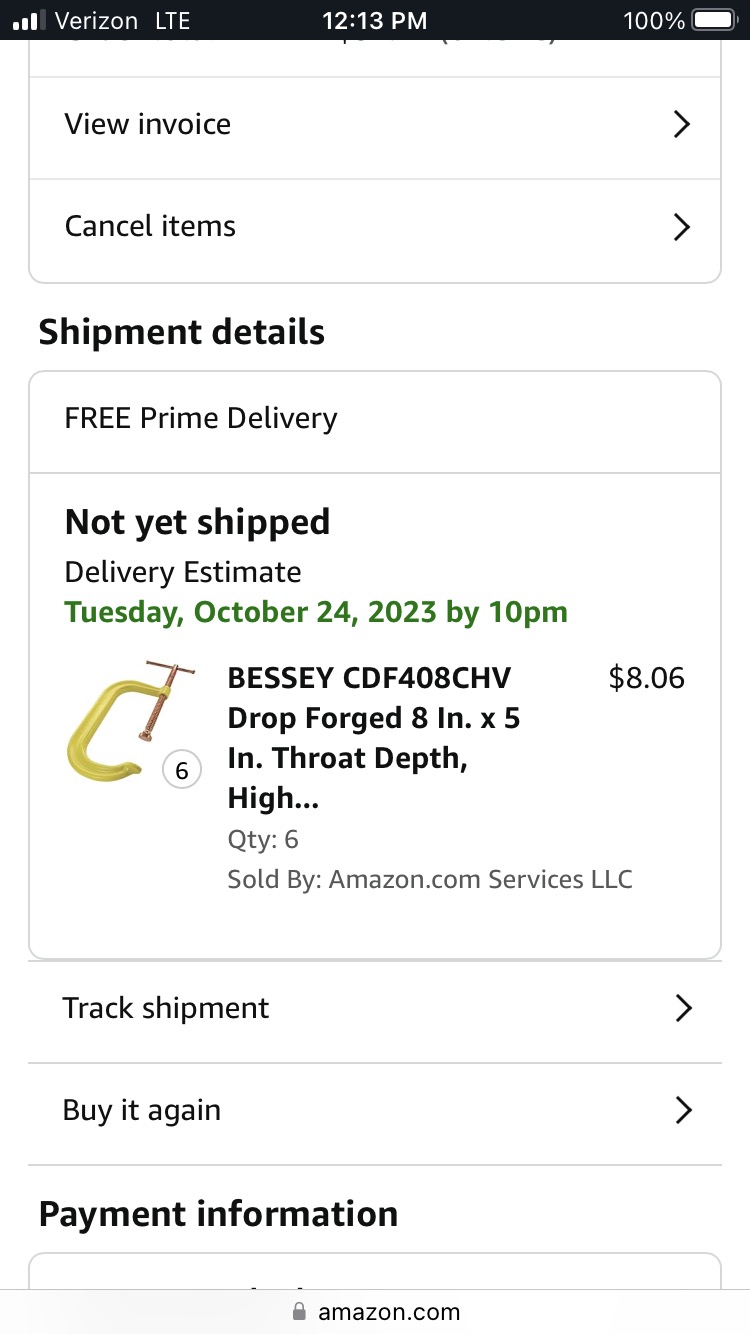 Amazon order confirmation for Bessey clamps