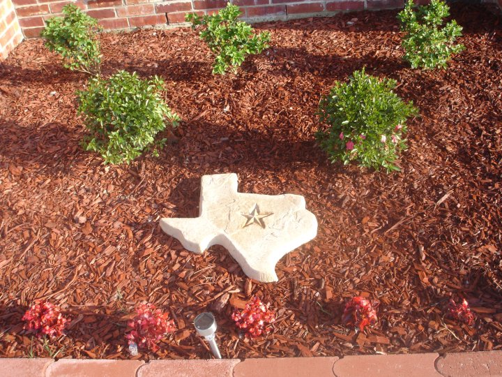 Texas-shaped stone decoration in a garden bed with mulch, bushes, and flowers.