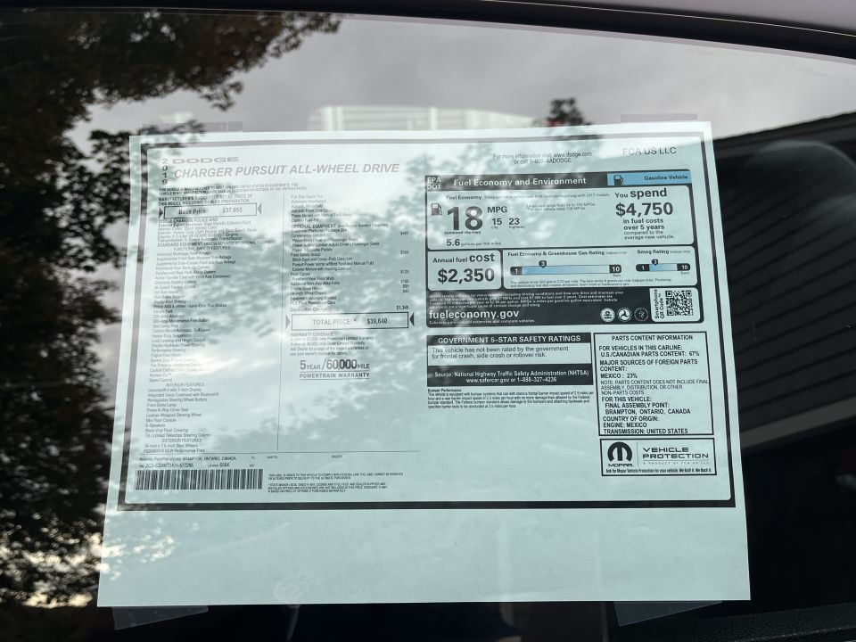 Dodge Charger Pursuit AWD Monroney window sticker showing pricing, MPG and equipment
