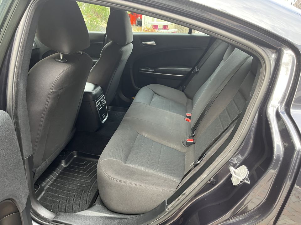 Rear bench seat and floor liner of a Dodge Charger