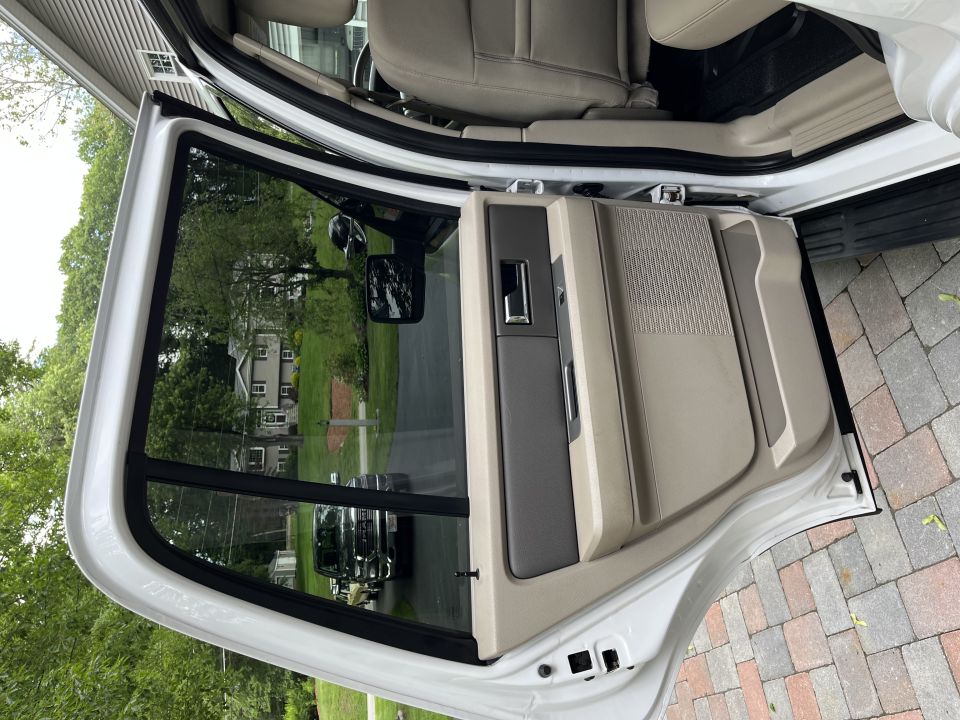 Rear door panel interior with window and door handle, door open