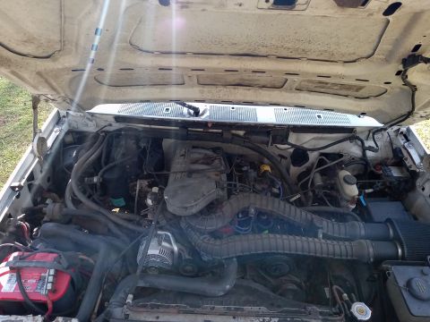 1994 Ford Bronco - The engine bay of a white Ford truck is shown with the hood open, revealing various mechanical components and hoses.
