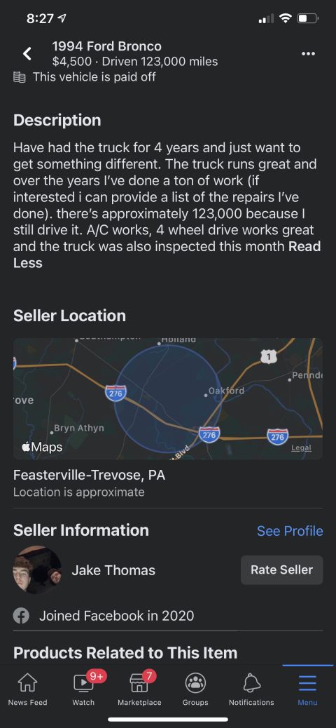 1994 Ford Bronco - This is a screenshot of a vehicle listing for a 1994 Ford Bronco.