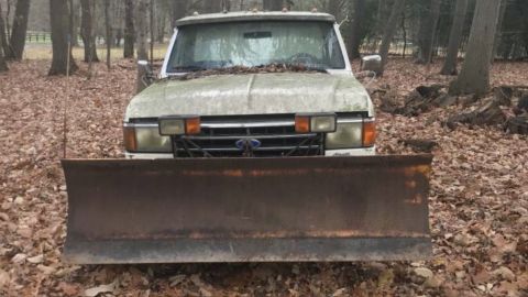 1989 Ford F-250 - This truck, likely from the late 1980s, is equipped with a large snow plow and appears to be parked in a wooded area.