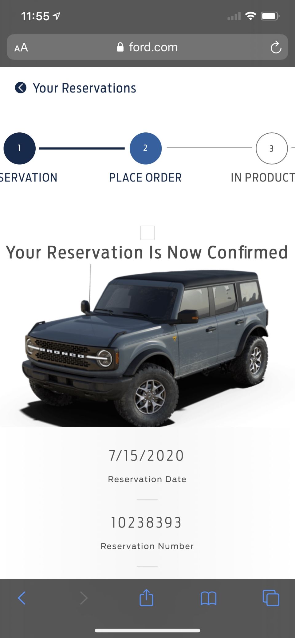 2021 Ford Bronco reservation confirmation page with reservation date and number, and an image of the vehicle.
