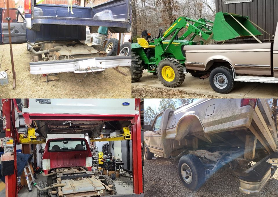 Lifting the bed is easier than it sounds - it doesn't weigh much, and an empty one can be lifted by 2 strong adults. But [url=https://www.amazon.com/dp/B00ID981Z6]a 12V ATV winch[/url] on [url=https://www.supermotors.net/registry/2742/33395-2]a portable gantry[/url] is very convenient & relatively cheap, which is what the top left pic shows. A [url=https://www.amazon.com/dp/B0774HBQHQ]110VAC winch[/url] costs about the same.
IF THE IMAGE IS TOO SMALL, click it.

If the bed is tilted as in the lower right pic, don't let it slide off the frame, or pry against the bumper. I chained the bed to the frame before tilting so it couldn't slide or shift. But to ONLY change the bolts, it doesn't need to be lifted as high as shown - that truck needed fuel tank work.

But it doesn't need to be lifted this high or tilted this much JUST to swap to the later-style bed bolts & U-nuts. These trucks were all getting MUCH more work done.