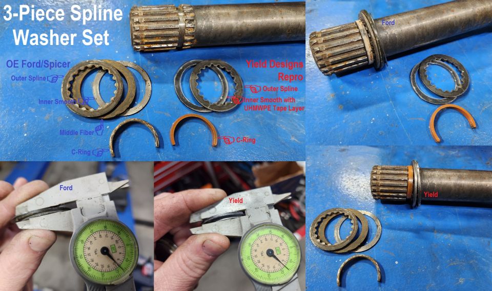 3-piece spline washer set comparison: OE Ford/Spicer vs Yield Designs repro with C-ring and splined axle shaft