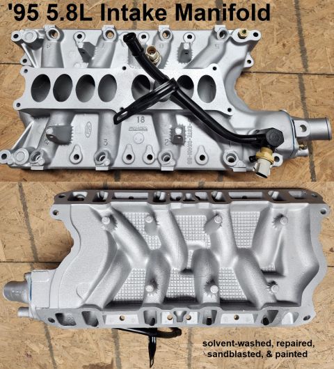 1983 Ford Bronco - Intake Manifold (sandblasted, repaired, painted), Thermostat Cover, & Heater Outlet from '95 5.8L IF THE IMAGE IS TOO SMALL, click it.