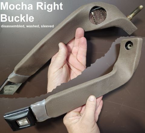 1983 Ford Bronco - Right '92-96 Captain's Mocha Chair Buckle (restored, brown webbing) IF THE IMAGE IS TOO SMALL, click it.