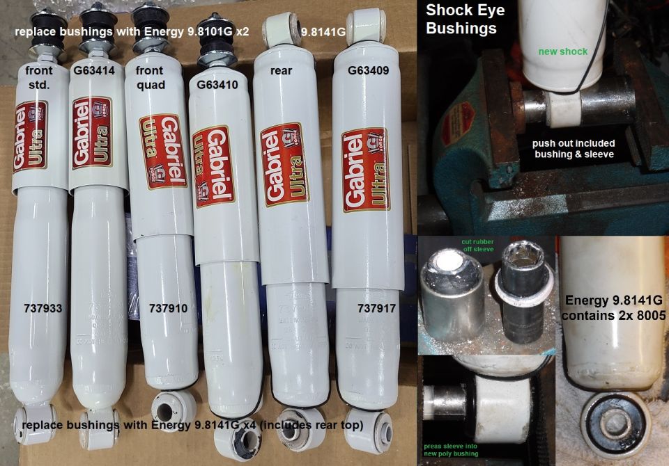 Gabriel Ultra shock absorbers with part numbers G63414, G63410, G63409, and Energy suspension bushings