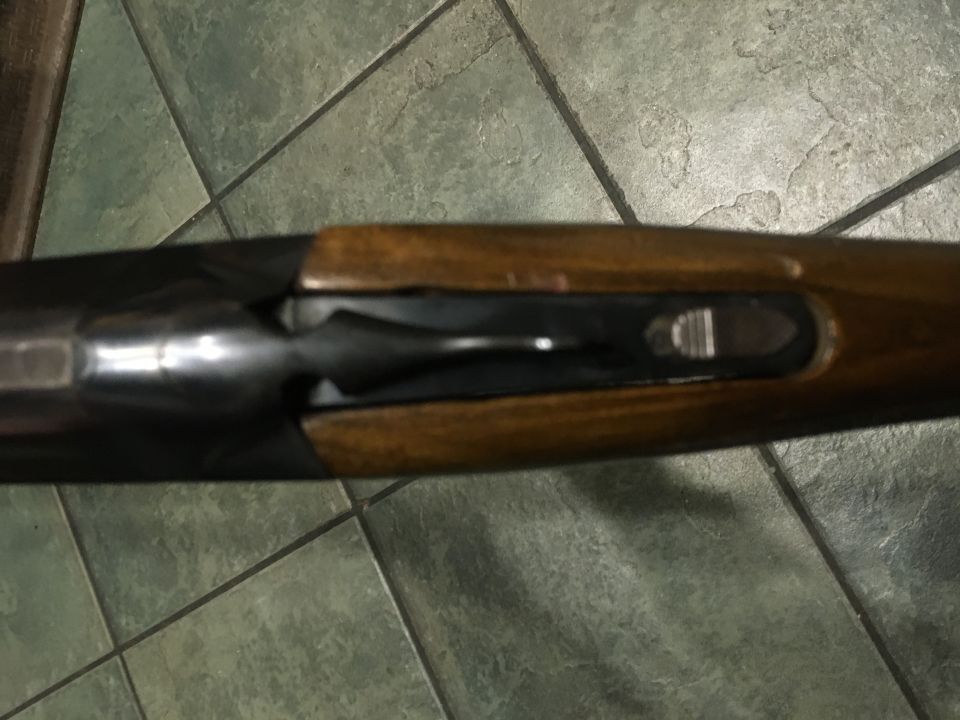 Close-up of a shotgun receiver with wood furniture and metal action