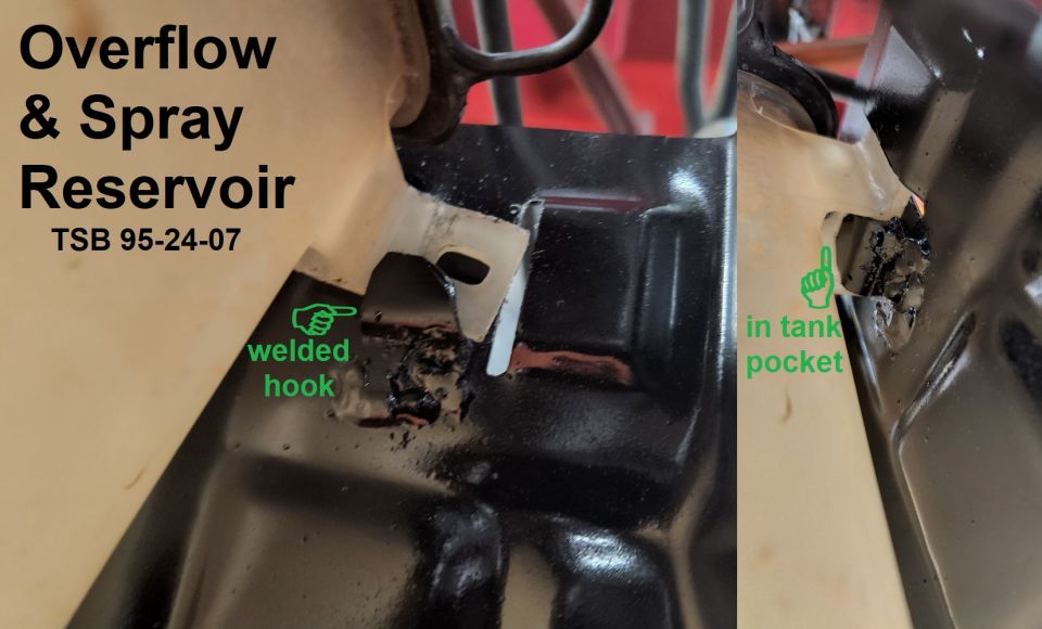 Coolant/Windshield Reservoir Hook
IF THE IMAGE IS TOO SMALL, click it.

Instead of the pushpin Ford recommends in the TSB, this hook bears the tanks' weight and keeps it in-place against the air cleaner support.