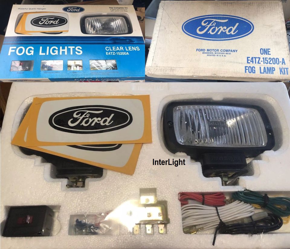 Ford fog light kit with clear lenses, wiring, switch, and instructions