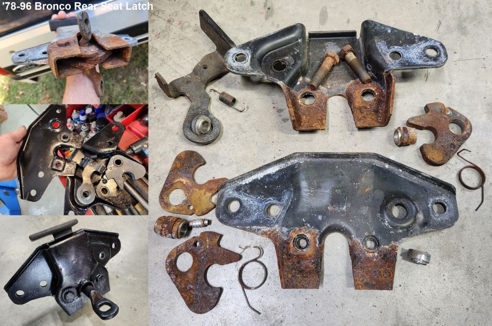 '78-96 Bronco Rear Seat Latch
IF THE IMAGE IS TOO SMALL, click it.

This one sat in its well full of dirty water so long that it was rust-locked onto its strike bar, necessitating full disassembly, sandblasting, & painting.