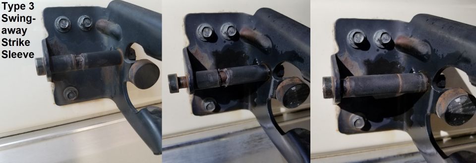 Type 3 swing-away strike sleeve part shown in three views