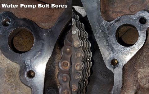 1983 Ford Bronco - Water Pump Bolt Bores IF THE IMAGE IS TOO SMALL, click it. Since the bores for the 4 long water pump bolts are blind, there should never be…