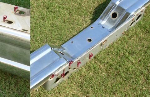 1983 Ford Bronco - Factory rear bumpers are a thin skin riveted to a heavy ball mount IF THE IMAGE IS TOO SMALL, click it.