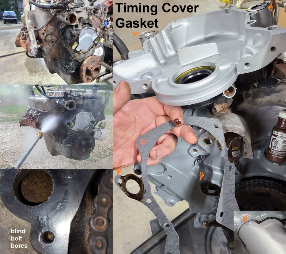Engine timing cover gasket and front cover during disassembly with blind bolt bores noted