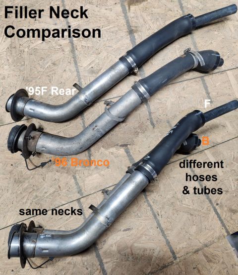 1983 Ford Bronco - Filler Neck Comparison IF THE IMAGE IS TOO SMALL, click it. The steel is the same for gas trucks behind the axle SRW, but the rubber is dif…