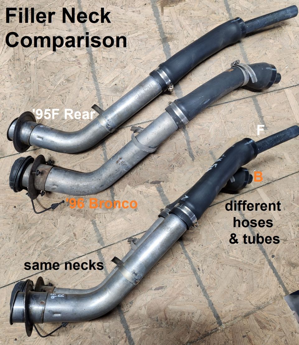 Filler Neck Comparison
IF THE IMAGE IS TOO SMALL, click it.

The steel is the same for gas trucks behind the axle SRW, but the rubber is different.