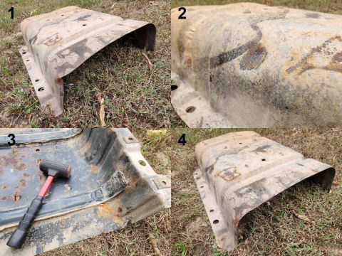 1983 Ford Bronco - Tank Skidplate Dents IF THE IMAGE IS TOO SMALL, click it. The skidplate isn't very strong, so dents are very easy to pound or stomp out.