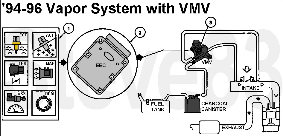 Vapor Management Valve (VMV) replaces CANP on some '94-95 & all '96 trucks under 8500GVWR
IF THE IMAGE IS TOO SMALL, click it.

The EVAP Vapor Management Valve (VMV) is the part of the Vapor Management Flow system that is controlled by the PCM. This valve controls the flow of vapors (purging) from the EVAP canister to the intake manifold during various engine operating modes. The EVAP canister purge valve is a normally closed valve. The Vapor Management Flow system consists of a fuel tank, fuel filler cap, fuel vapor valve, EVAP canister, Vapor Management Valve (VMV), intake air tube assembly, powertrain control module (PCM) and connecting wires and fuel vapor hoses. Operation of the system is as follows:

1. The Vapor Management Flow system uses inputs from upon the engine coolant temperature (ECT) sensor, the intake air temperature (IAT) sensor, the mass air flow (MAF) sensor and the vehicle speed sensor (VSS) to provide information about engine operating conditions to the PCM. The conditions necessary to activate the Vapor Management Flow system is that the engine must be warm, stable, running at a moderate load and rpm, at open or part throttle position, and in close loop fuel control. The PCM deactivates the fuel vapor management flow during idle or whenever a failure is detected in the EVAP canister purge valve or fuel vapor management flow required input.
2. The PCM calculates the difference between the idle speed air requested at a high purge flow and at a no purge flow. If the difference is below a calibrated threshold, flow is inferred not to be occurring properly, and the PCM indicates an evaporative emission system malfunction with a Diagnostic Trouble Code (DTC).
3. The PCM outputs a variable duty cycle signal (between 0% and 100%) to the solenoid on the EVAP canister purge valve.