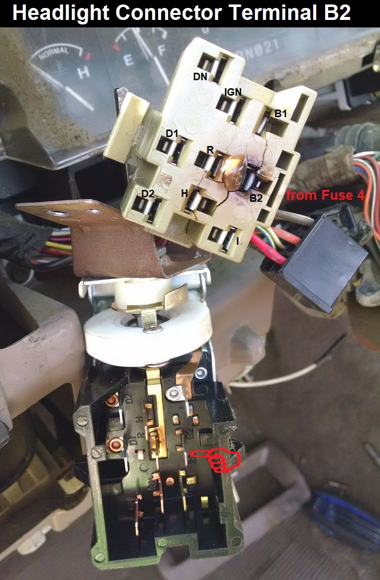 Headlight Switch Terminal B2
IF THE IMAGE IS TOO SMALL, click it.

This is a known problem, but still rare. It's a TERMINAL problem - not usually a switch problem. The terminal can sometimes be cleaned & reused in a replacement connector shell (by releasing each terminal & transferring it, withOUT cutting any wires), but it's sometimes necessary to cut the burned terminal off for replacement. The others can still be transferred uncut.