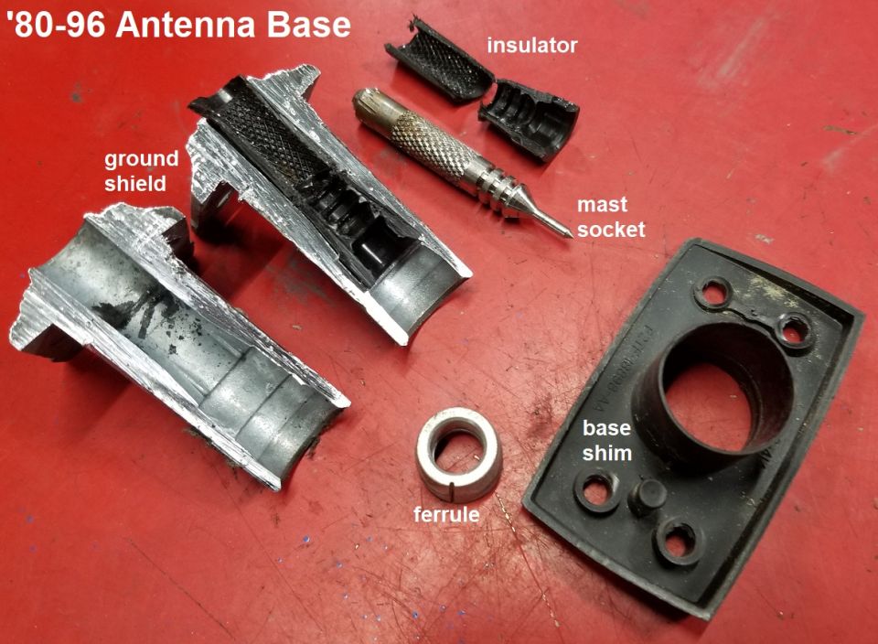 Antenna Base Construction
IF THE IMAGE IS TOO SMALL, click it.

The center conductor is simply isolated from the mounting base (grounded through its 4 screws) by the plastic sleeve between them.