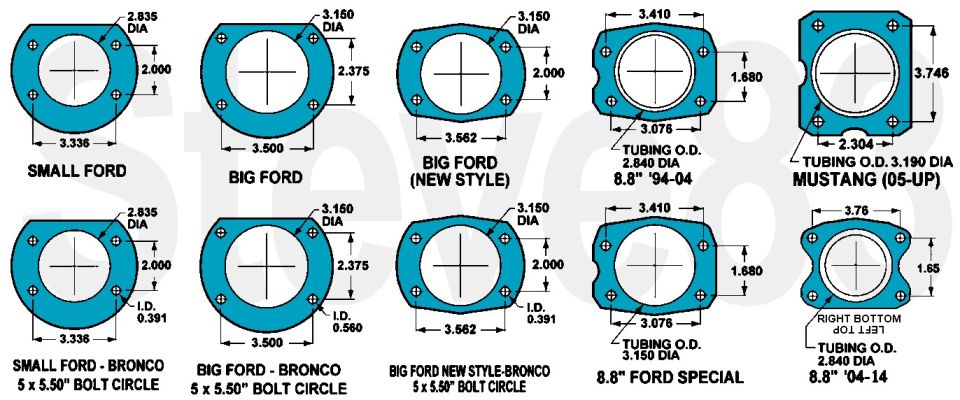 Dimensioned axle housing flange and bolt-circle drawings for Small Ford, Big Ford and Mustang
