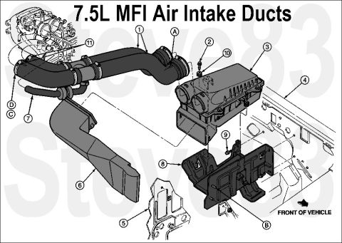 1983 Ford Bronco - Fresh-Air Ducts & Air Filter for 7.5L IF THE IMAGE IS TOO SMALL, click it.