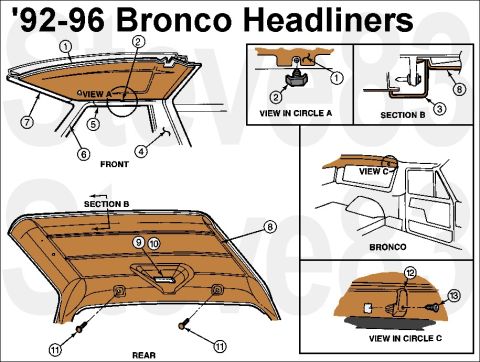 1983 Ford Bronco - '92-96 Bronco Headliners IF THE IMAGE IS TOO SMALL, click it. Actual size: 62x55x8" 5.3 lbs 1 - Roof Trim Panel - 51944 2 - Drive Pin (1 Re…