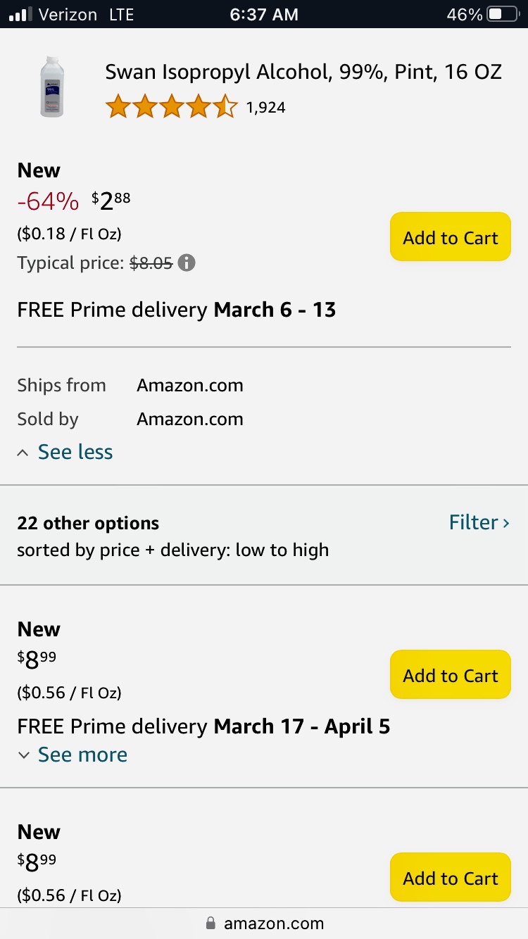 Amazon product page for Swan Isopropyl Alcohol