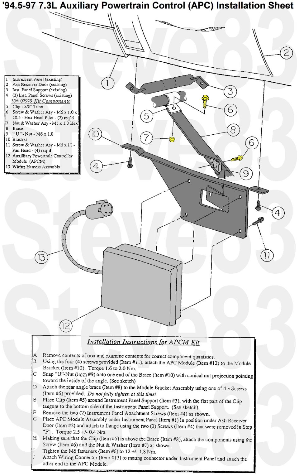 '94.5-97 7.3L Auxiliary Powertrain Control installation sheet with figure and step instructions