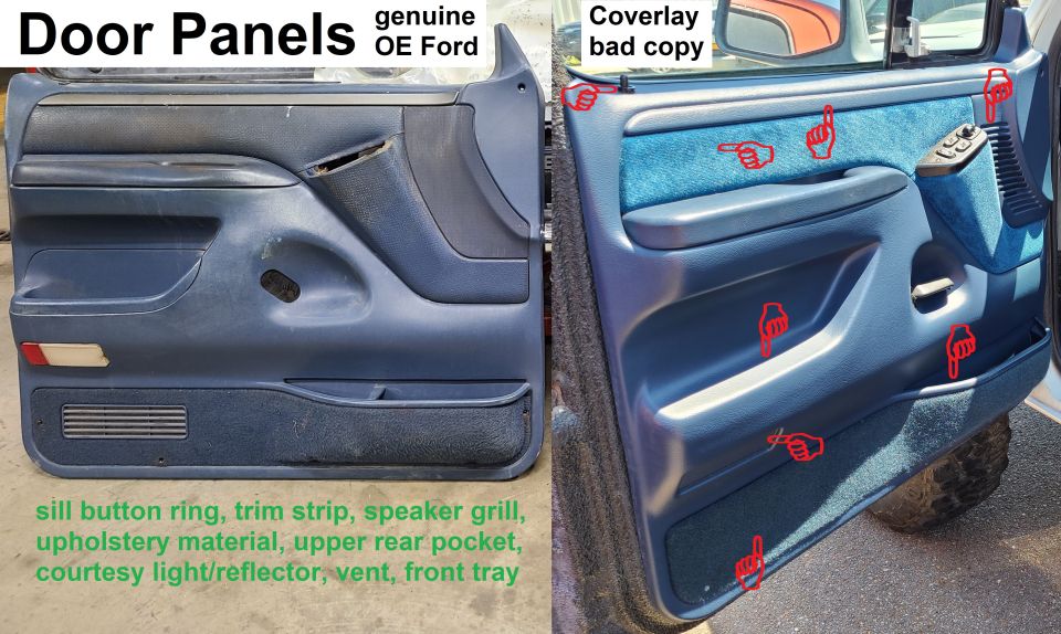 Comparison of genuine OE Ford blue door panel versus aftermarket Coverlay copy