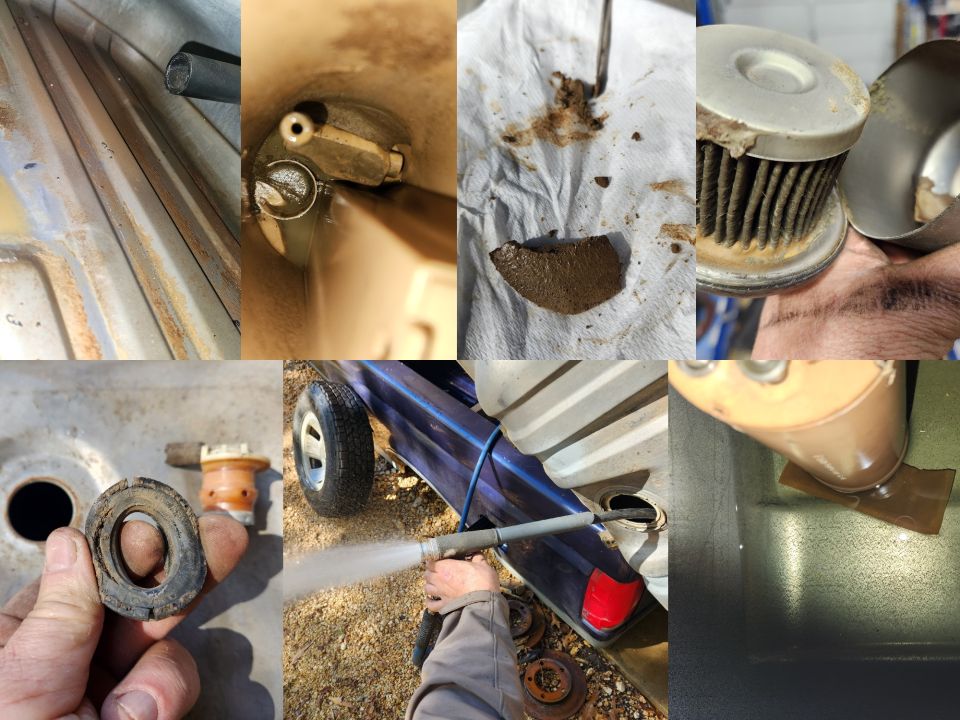 Collage of fuel tank cleanout: rusty flange, sludge on rag, dirty sock filter, pressure washing