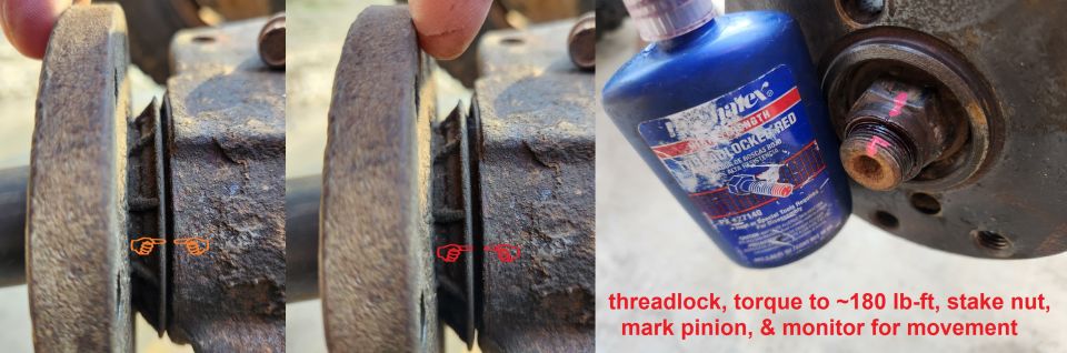 Pinion Slack
IF THE IMAGE IS TOO SMALL, click it.

Early ('83-96) 8.8" axles are notorious for the pinion nut backing off after a few hundred thousand miles. The correct fix is to remove the nut & rinse all the threads with brake cleaner, warm them dry, apply red threadlocker, and then tighten the nut to ~180 lb-ft using a calibrated torque wrench. That should remove all slack, withOUT crushing the sleeve or changing the pinion bearing preload. Then mark the nut & pinion with a cold chisel so the condition can be monitored.