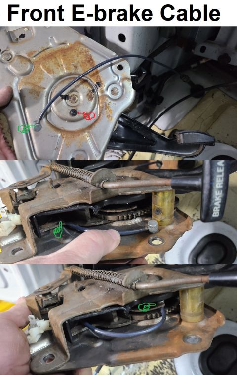 1983 Ford Bronco - Front E-brake Cable Installation IF THE IMAGE IS TOO SMALL, click it. With a pin (or small screw - Red pointer) holding the pedal self-adju…