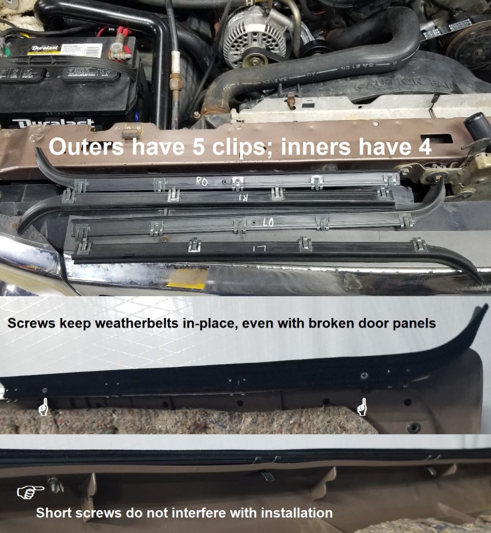 Car door weatherstripping parts with clips and screws shown, with text overlays explaining installation details